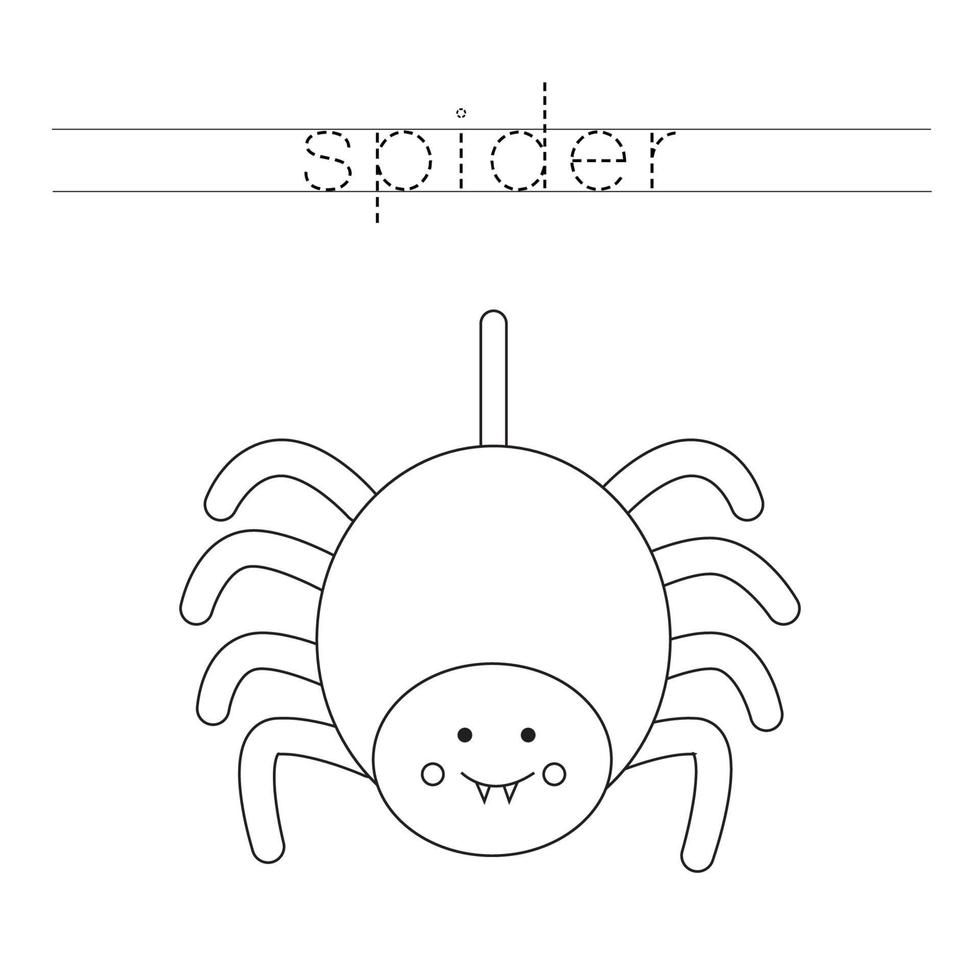 Trace the letters and color spider. Handwriting practice for kids. vector