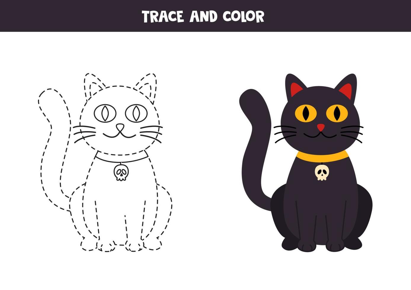 Traza y colorea lindo gato de halloween. hoja de trabajo para niños. vector