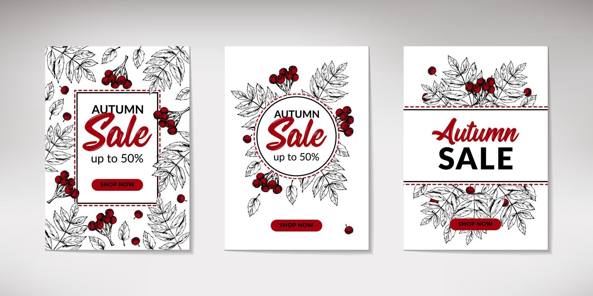 Set of hand drawn autumn sale banners with leaves. Vertical autumn design with space for text. Vector illustration