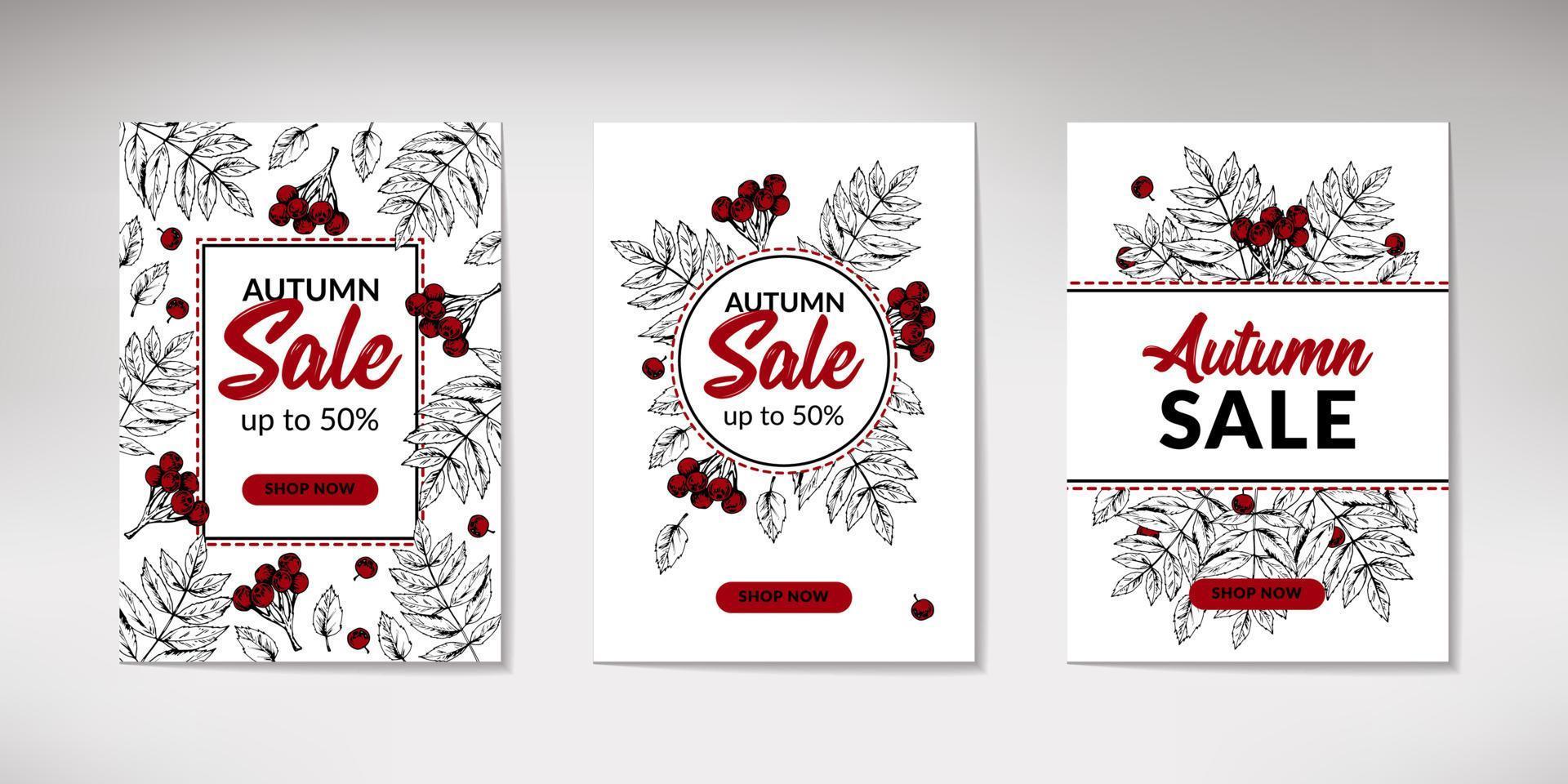 Set of hand drawn autumn sale banners with leaves. Vertical autumn design with space for text. Vector illustration
