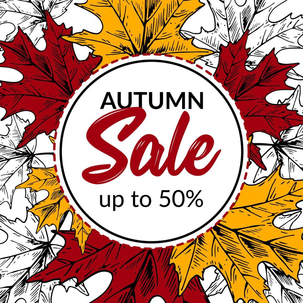 Hand drawn autumn sale banner with beautiful leaves. Square autumn design with space for text. Vector illustration