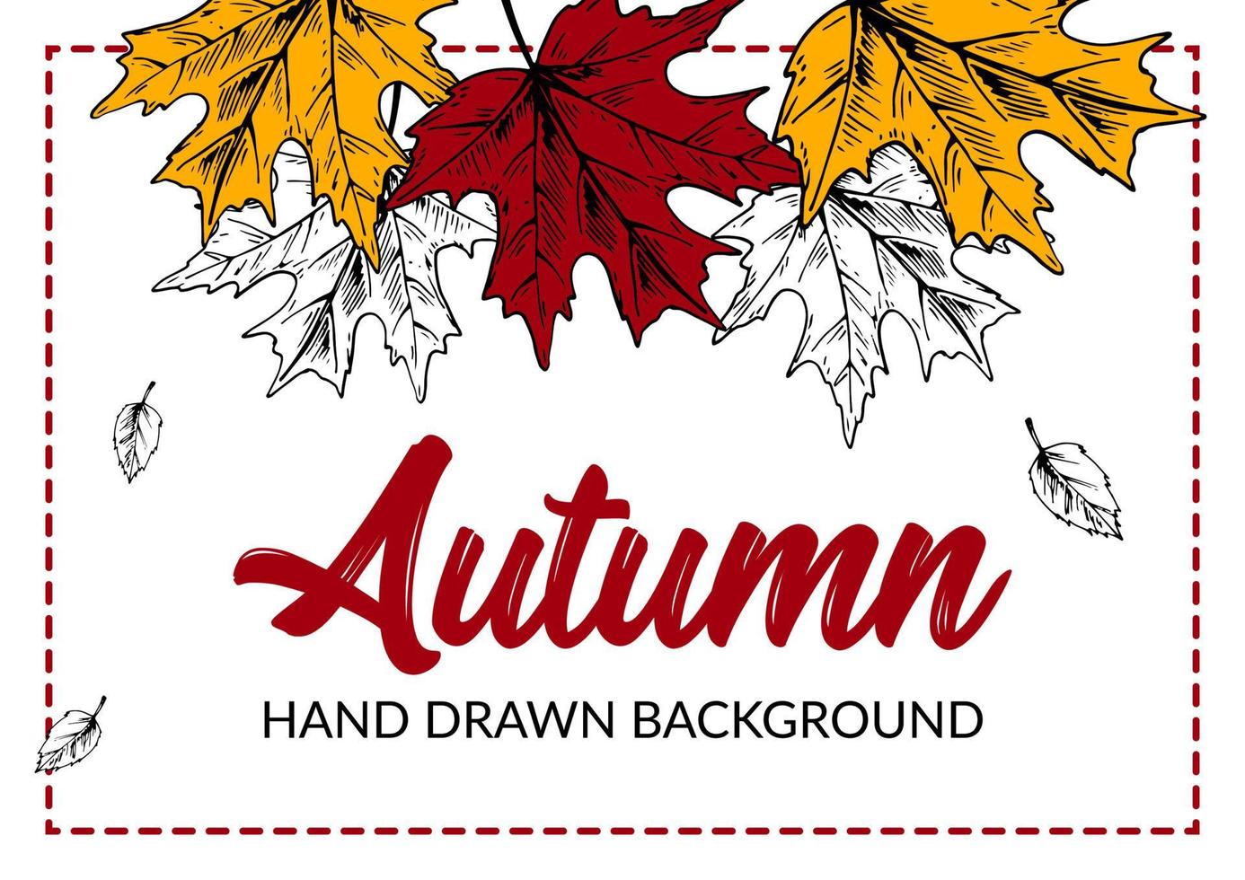 Hand drawn autumn background with colorful maple leaves. Horizontal autumn design with space for text. Vector illustration