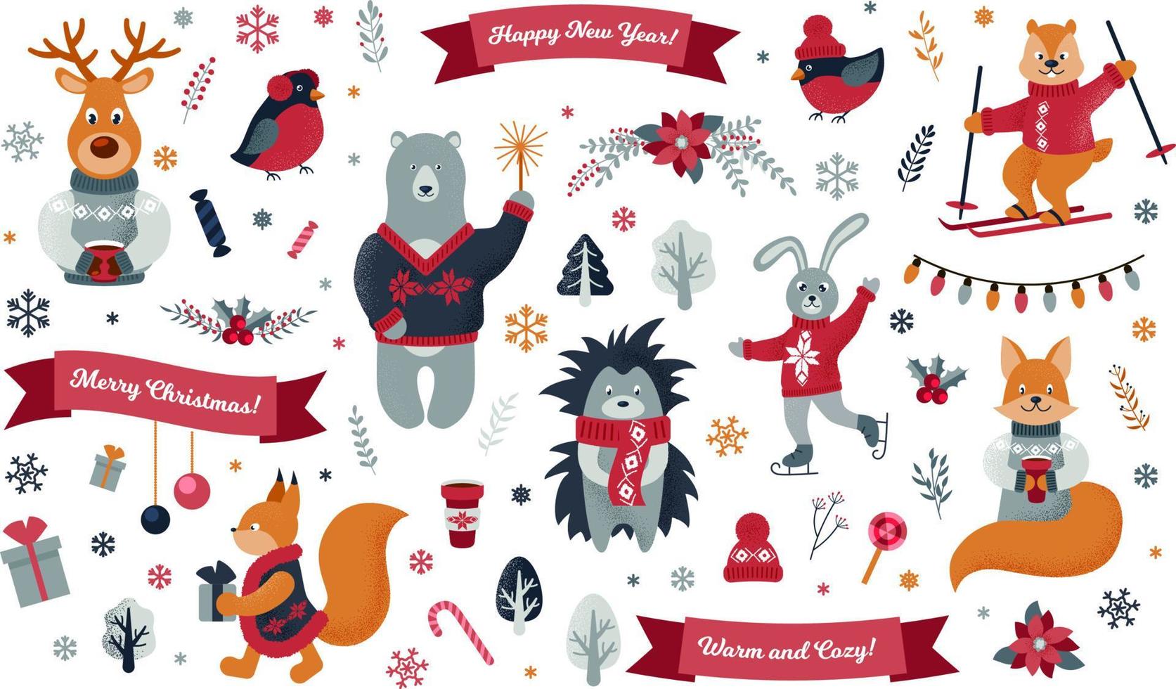 Set of cute Christmas forest animals. Vector illustration