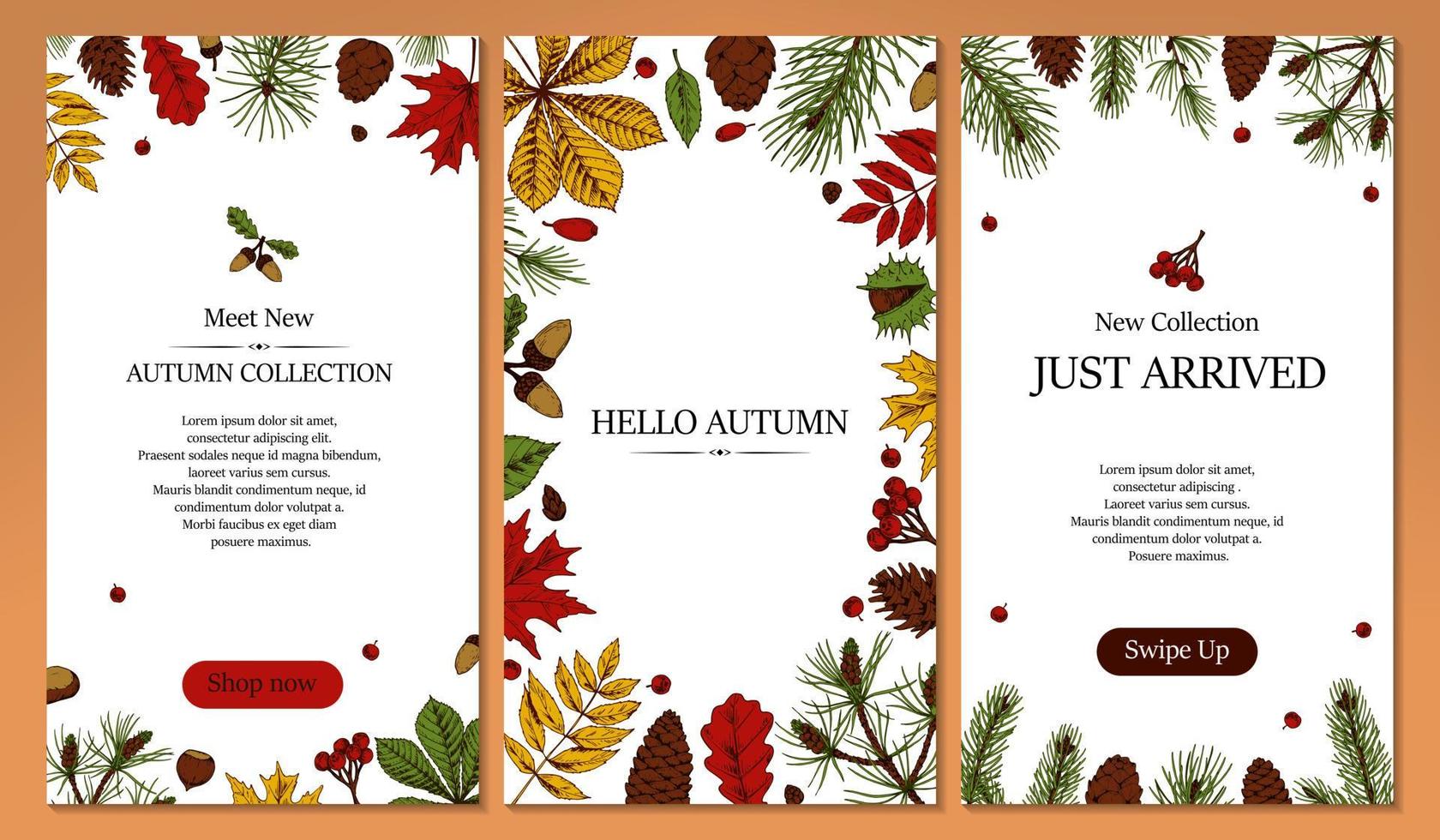 Set of vertical social network stories templates with hand drawn elements. Autumn design for banners, cards, announcements, newsletters in colored sketch style. Vector illustration. Space for text