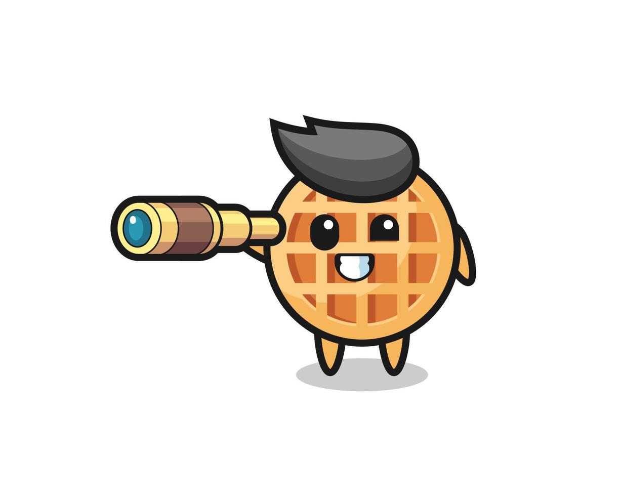 cute circle waffle character is holding an old telescope vector