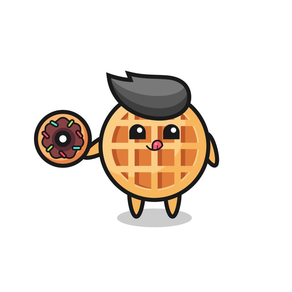 Ilustración de un personaje de gofre circular comiendo una rosquilla vector