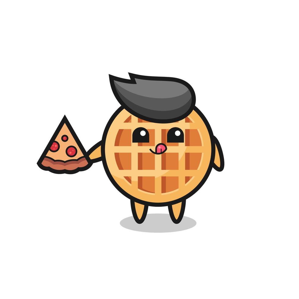 cute circle waffle cartoon eating pizza vector