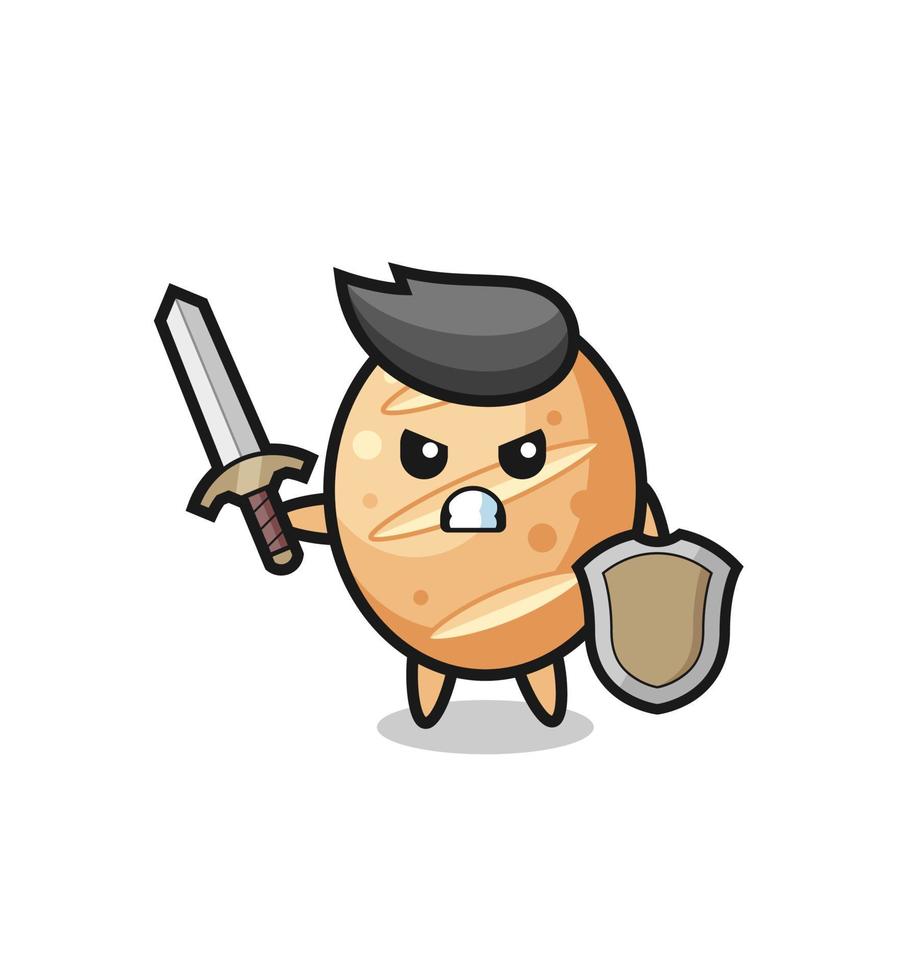 cute french bread soldier fighting with sword and shield vector