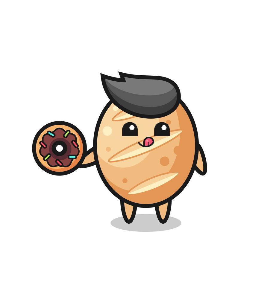 illustration of an french bread character eating a doughnut vector