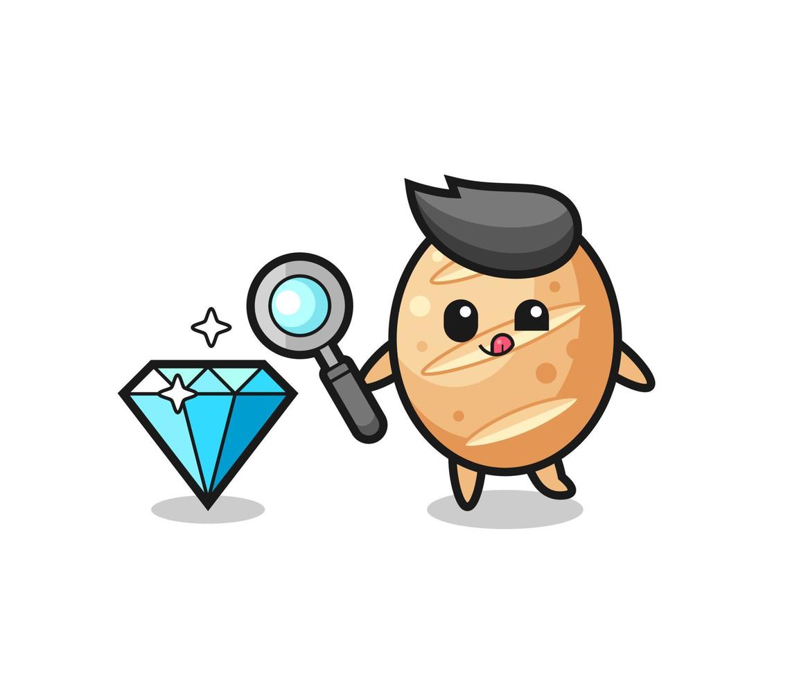 french bread mascot is checking the authenticity of a diamond vector