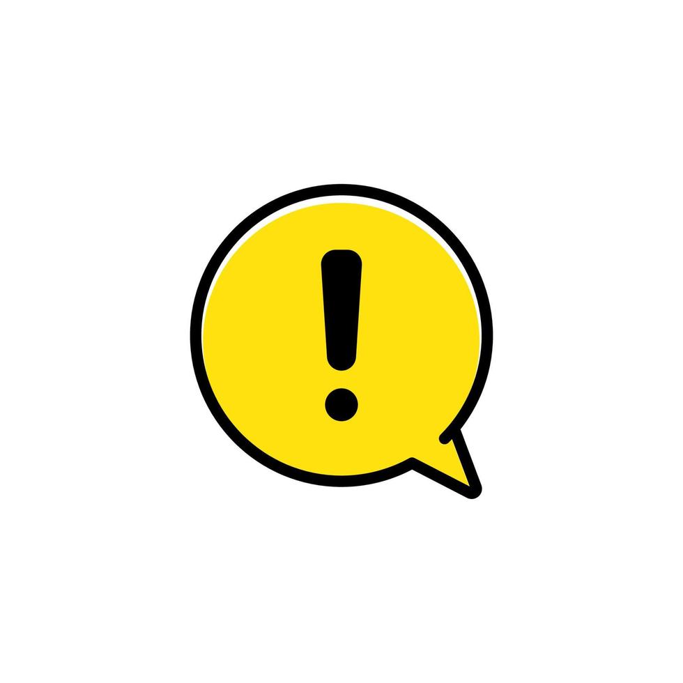 Señal de atención de advertencia de peligro o símbolo de exclamación en un vector de icono de burbuja de discurso amarillo.