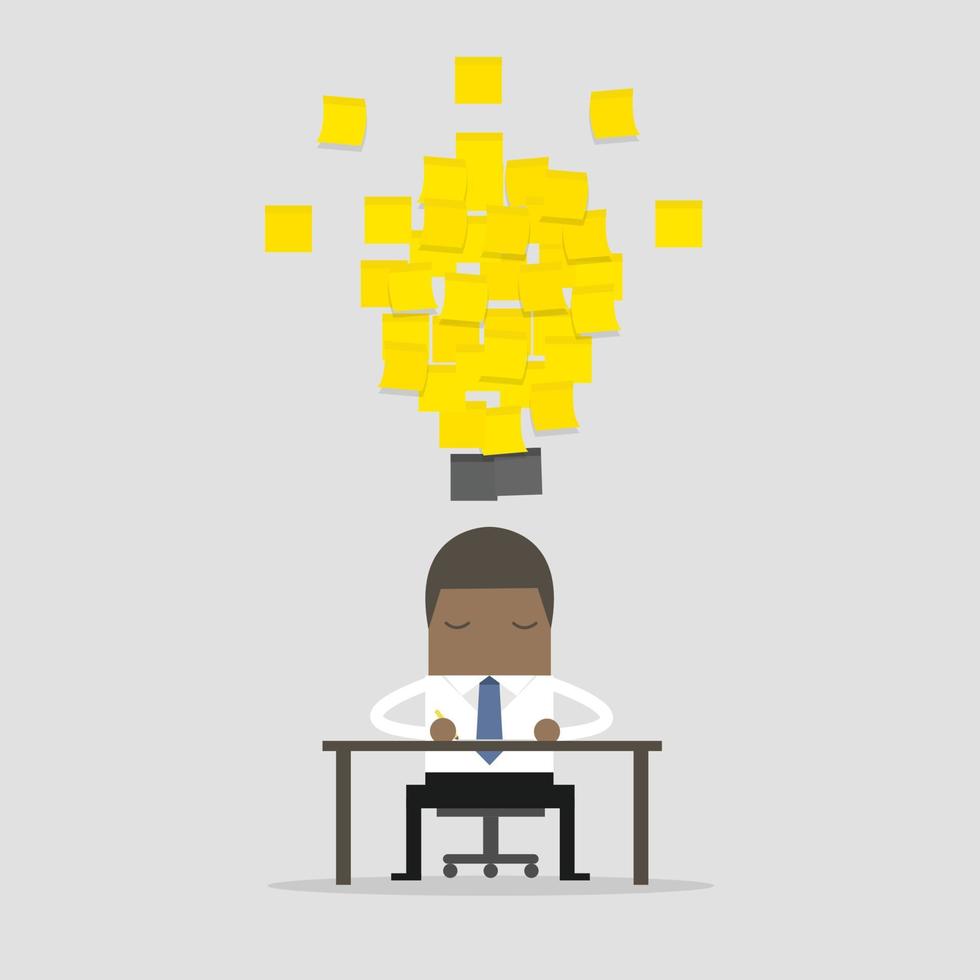 African businessman working with yellow stick note light bulb idea. vector