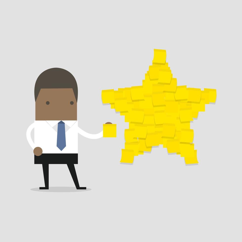 empresario africano con notas adhesivas amarillas en forma de estrella. vector