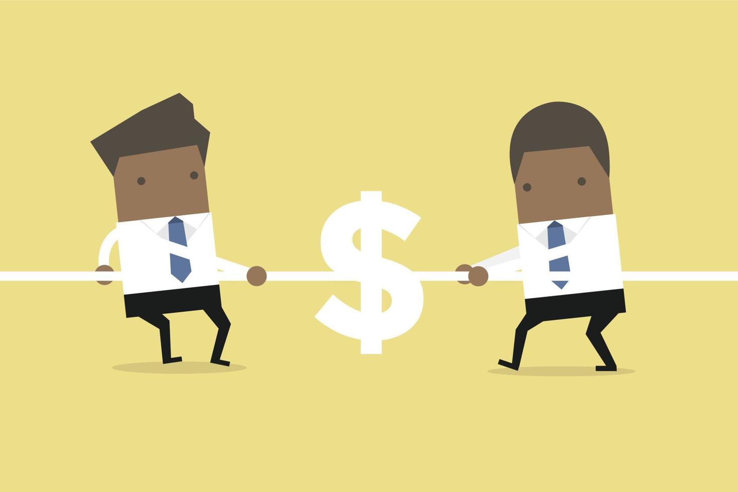 African businessman playing tug of war with dollar sign. vector