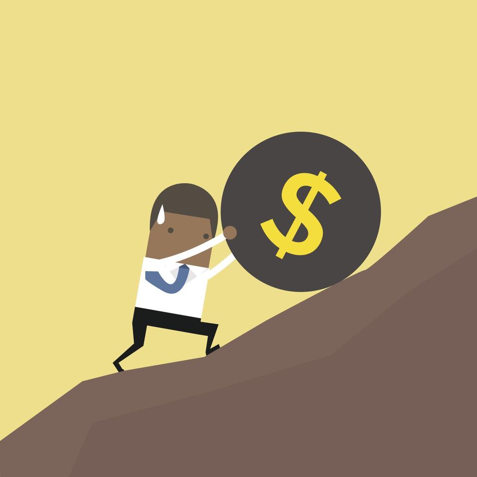 African businessman pushing a huge burden ball with dollar sign up hill. vector
