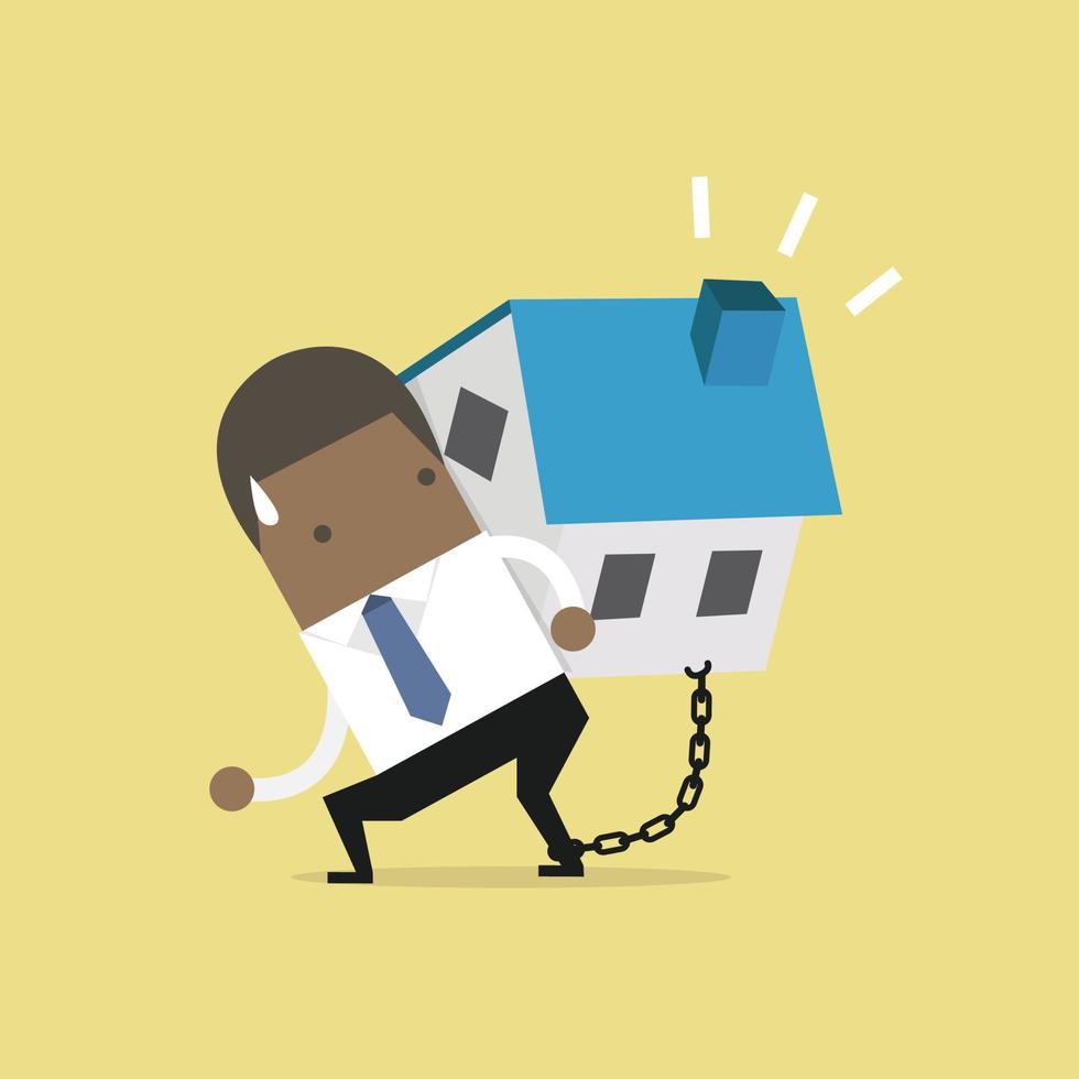 African businessman carry his house debt with chained on ankle. Financial concept. vector