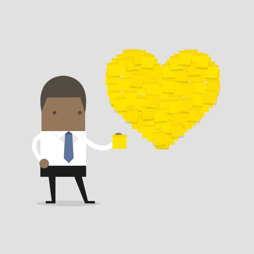 empresario africano con notas adhesivas amarillas en forma de corazón. vector