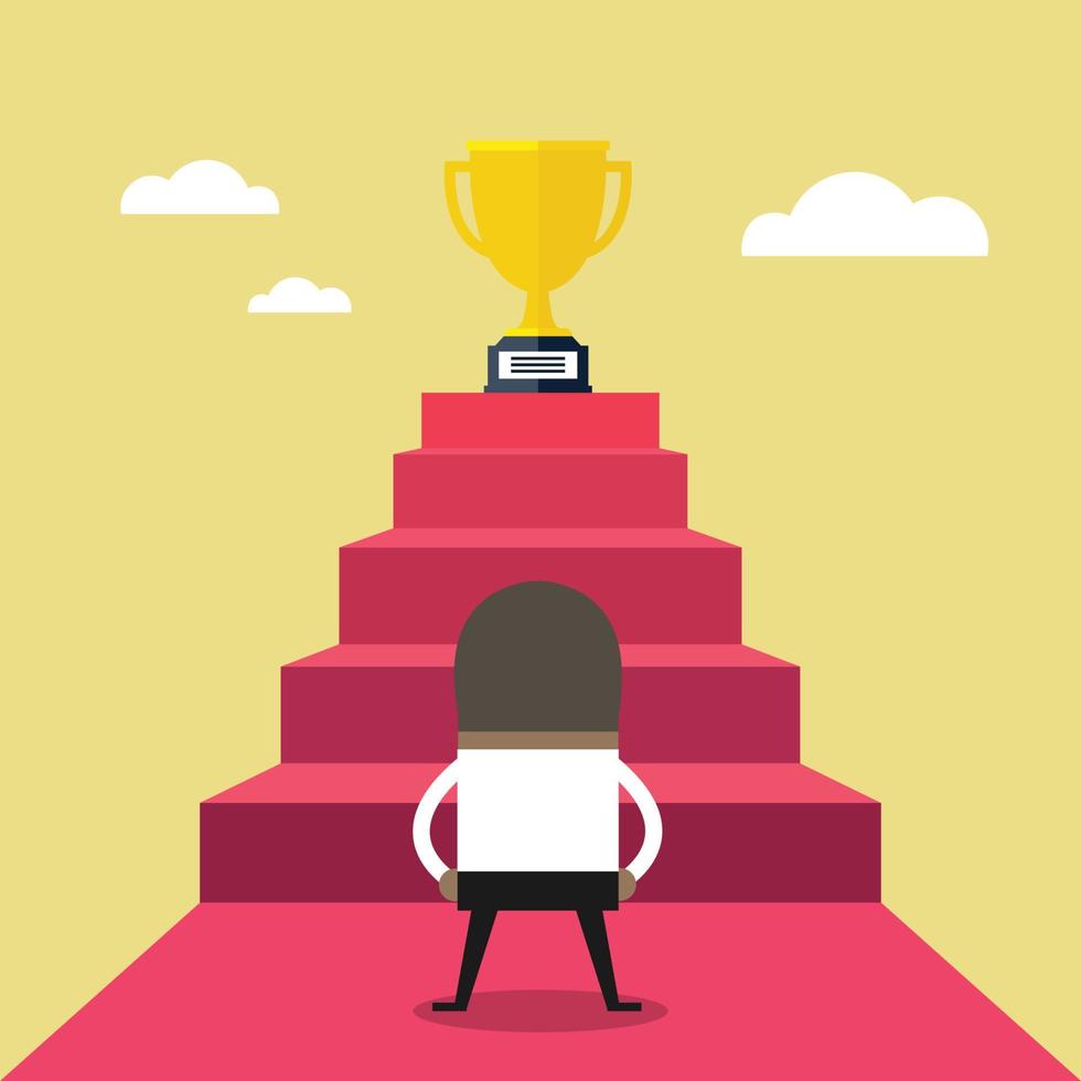 African businessman standing in front of stair that leads the trophy, Shortcut to success. vector