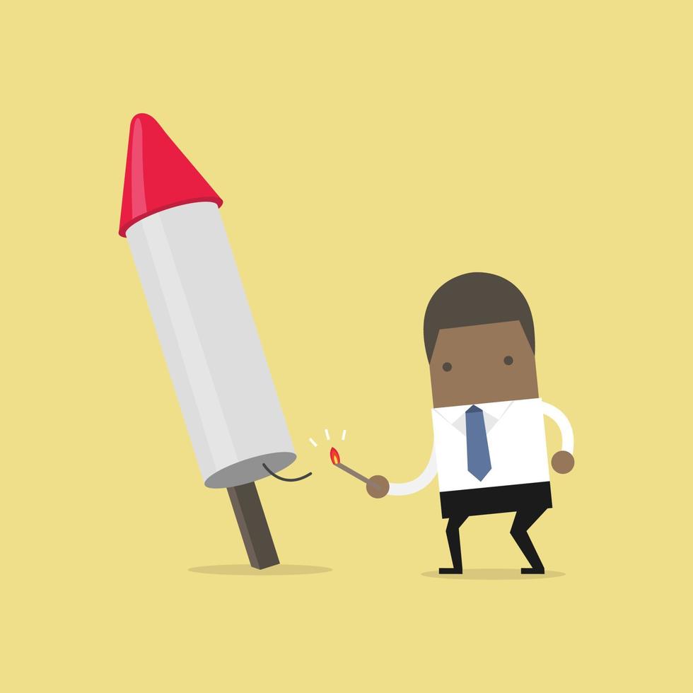 African businessman launching firework rocket. Business concept cartoon. vector