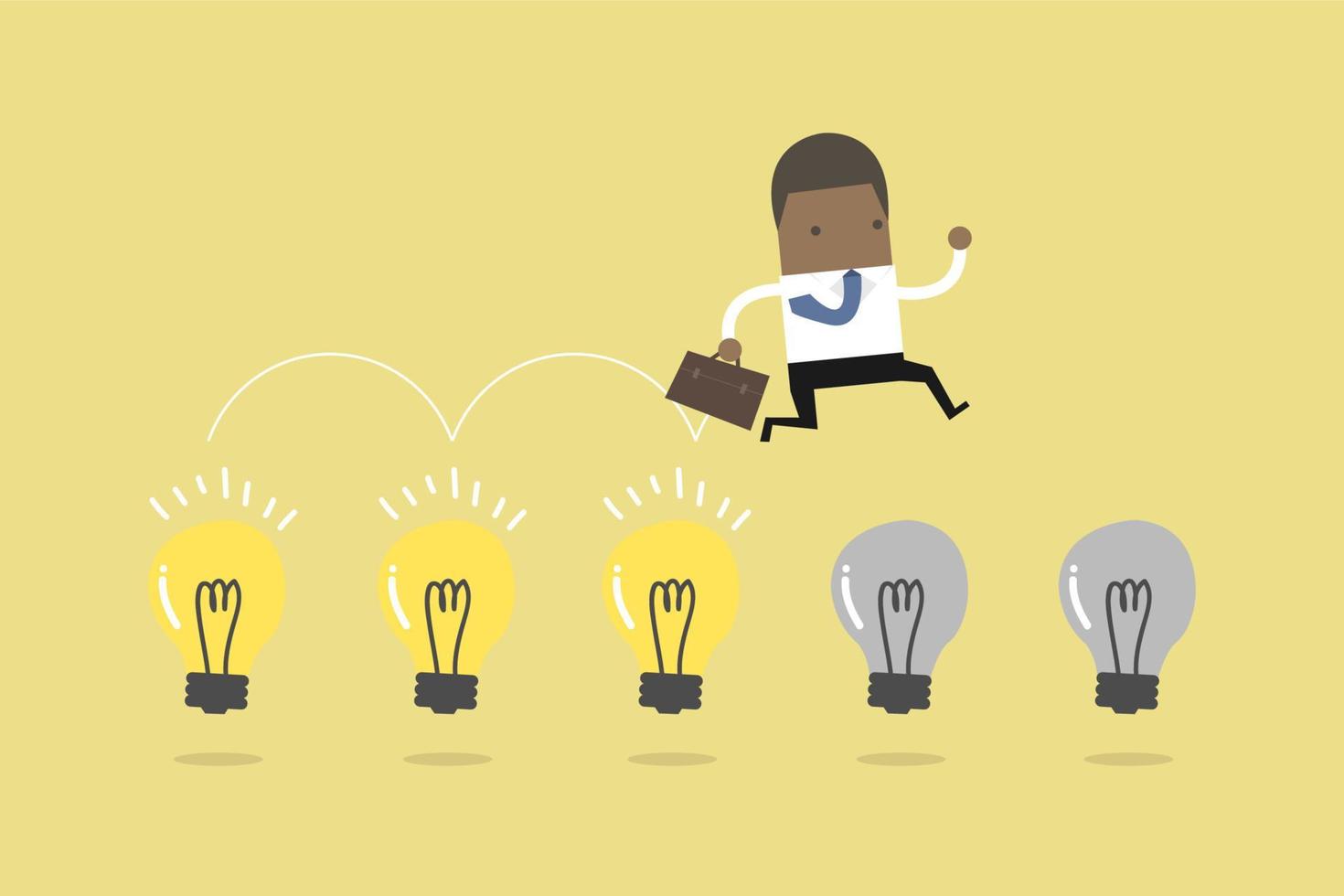 African businessman jump on light bulbs. vector