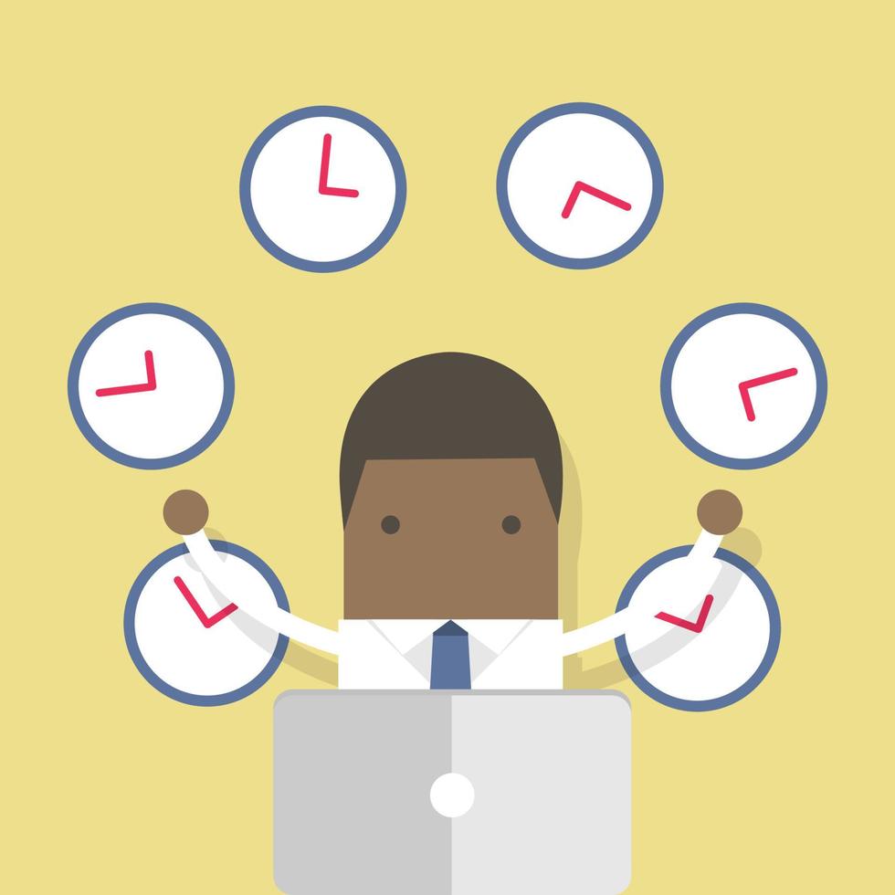 African businessman working with many clocks. vector
