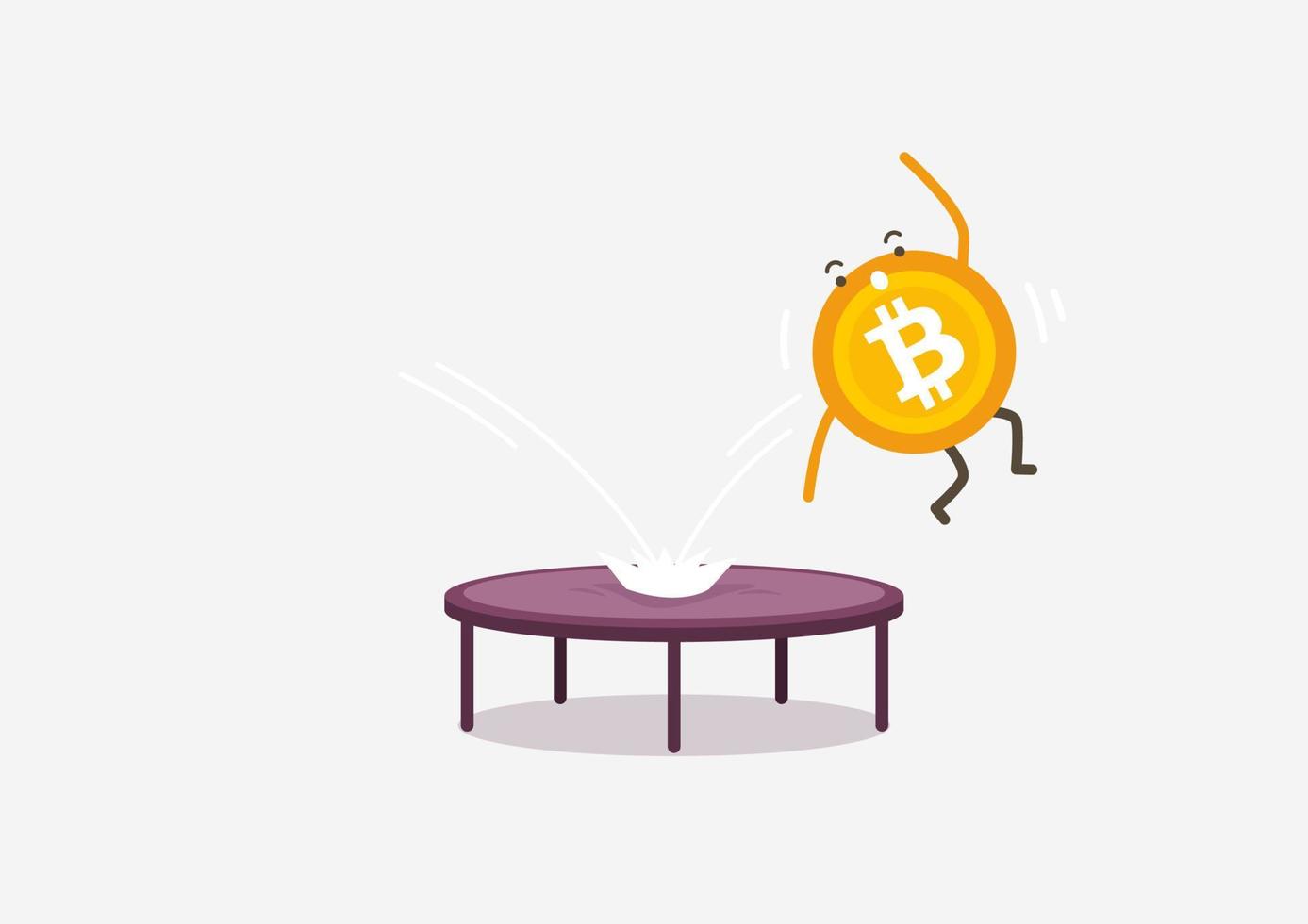 Bitcoin falling on a trampoline. Cryptocurrency cartoon concept. vector