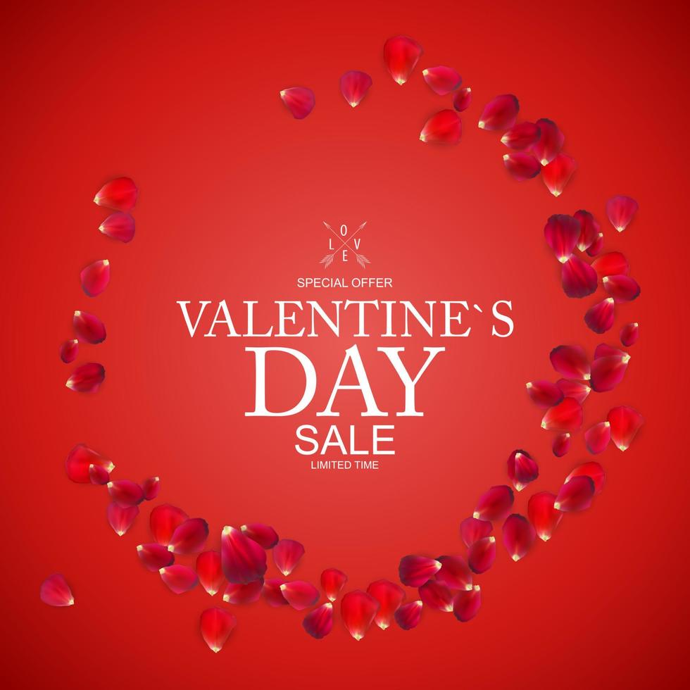 Valentines Day Sale, Discount Card with Rose Petals. vector