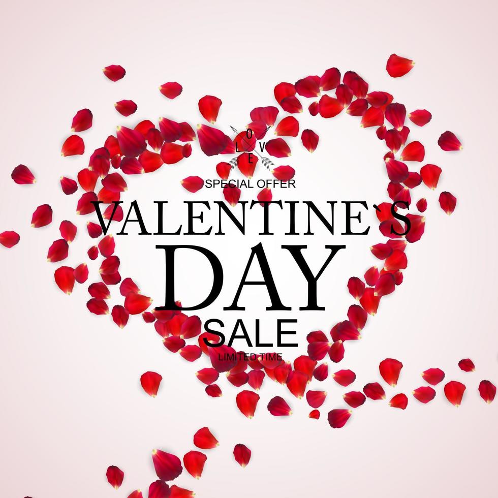 Valentines Day Sale, Discount Card with Rose Petals. vector