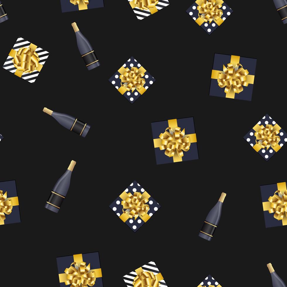 Bottle of champagne and gift box seamless pattern vector