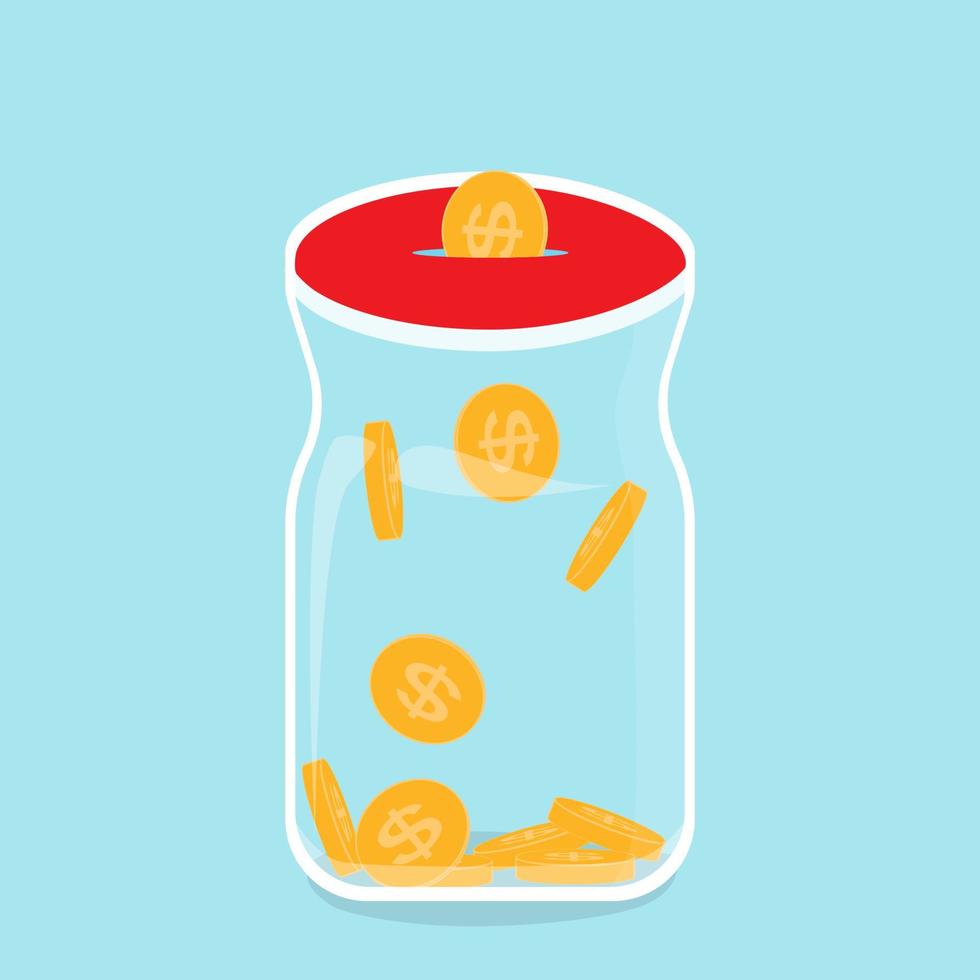 Glass bank with falling gold coins Contribution to the Future. vector