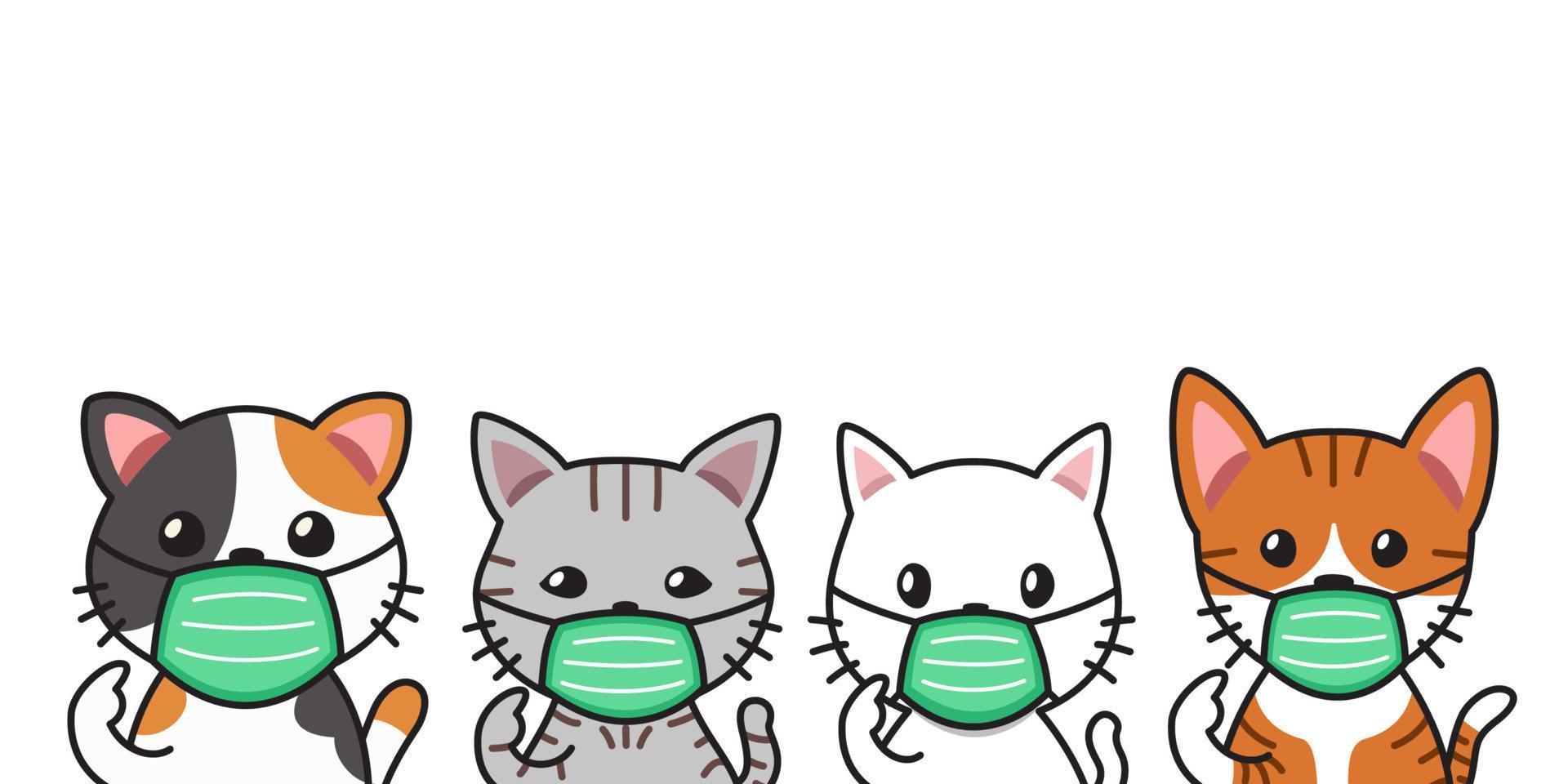 Set of vector cartoon character cats wearing protective face masks
