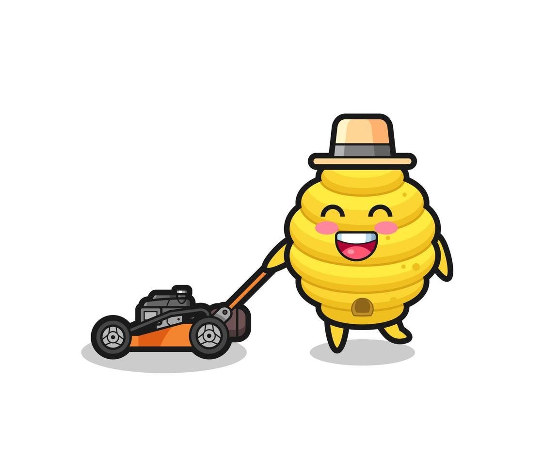 illustration of the bee hive character using lawn mower vector