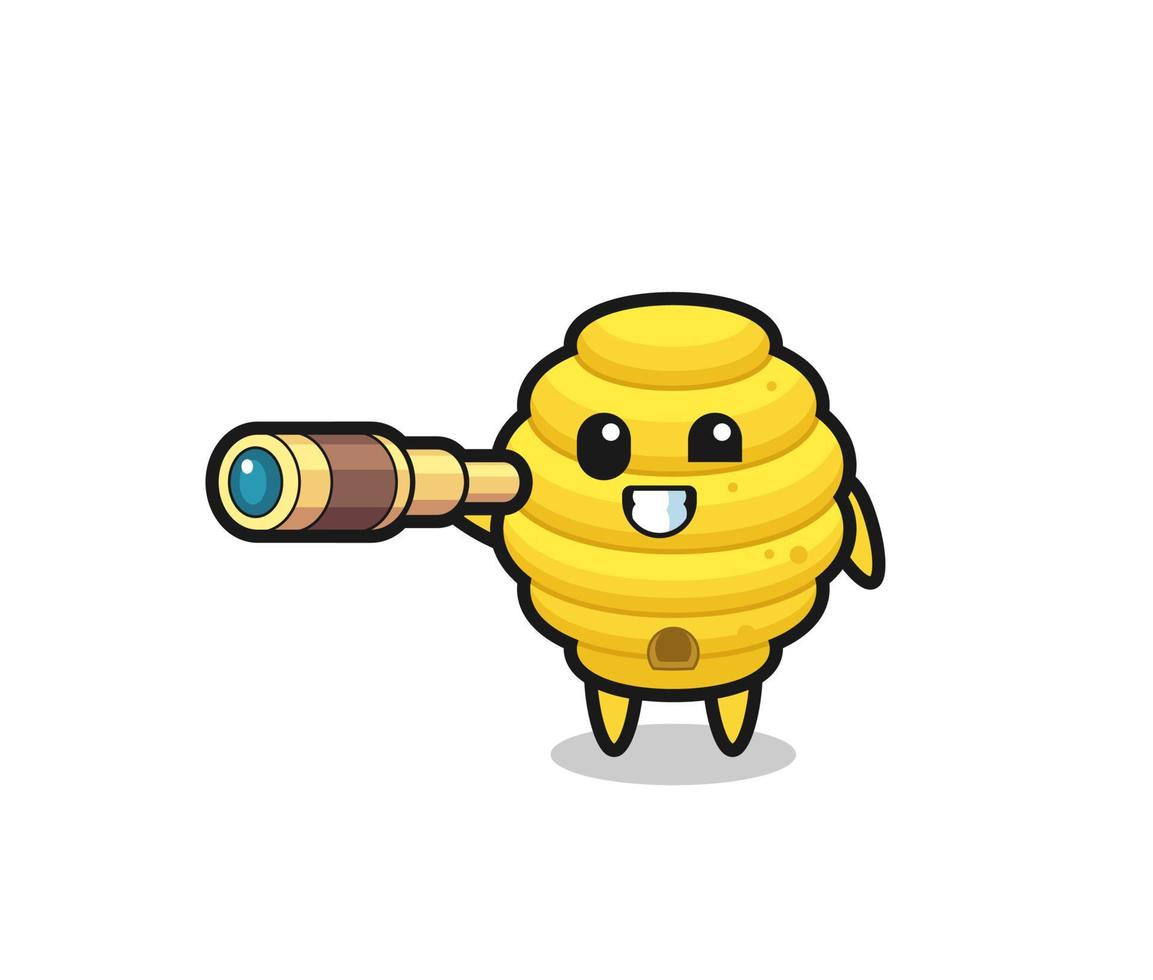 cute bee hive character is holding an old telescope vector