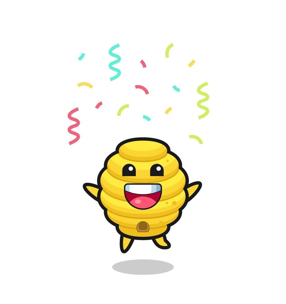 Feliz mascota de la colmena de abejas saltando de felicitación con confeti de colores vector