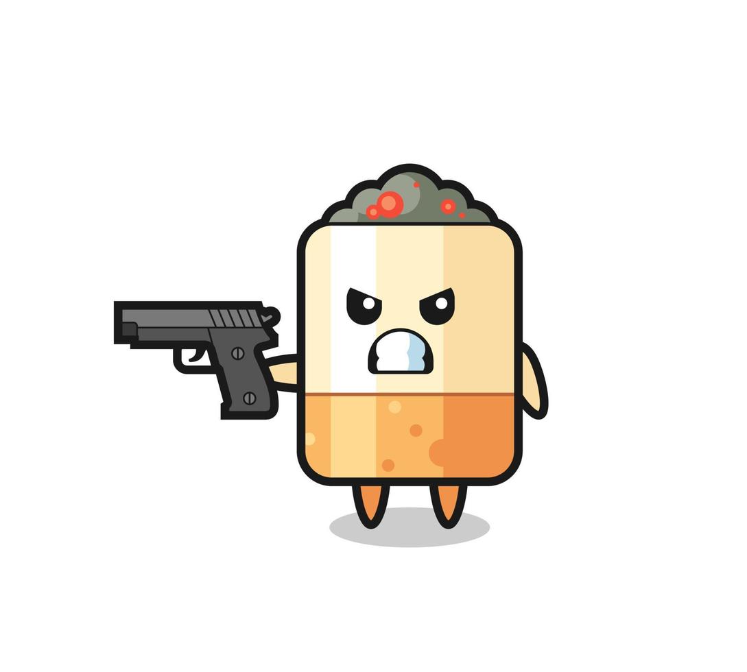 the cute cigarette character shoot with a gun vector