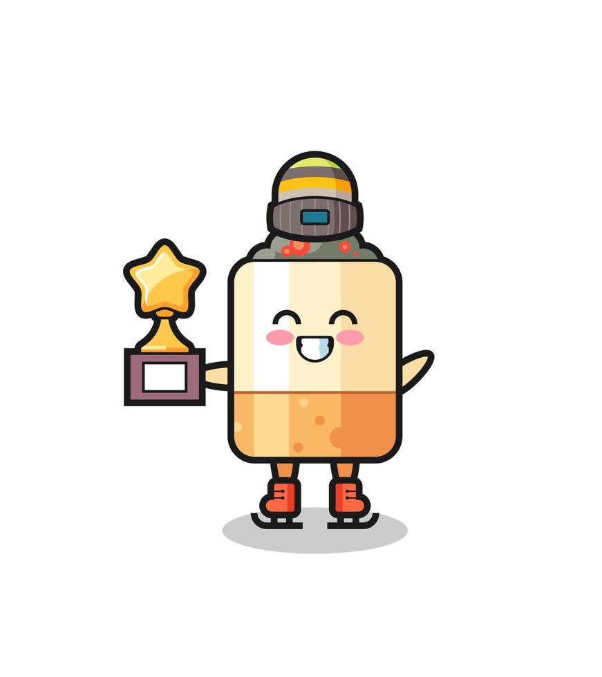 cigarette cartoon as an ice skating player hold winner trophy vector