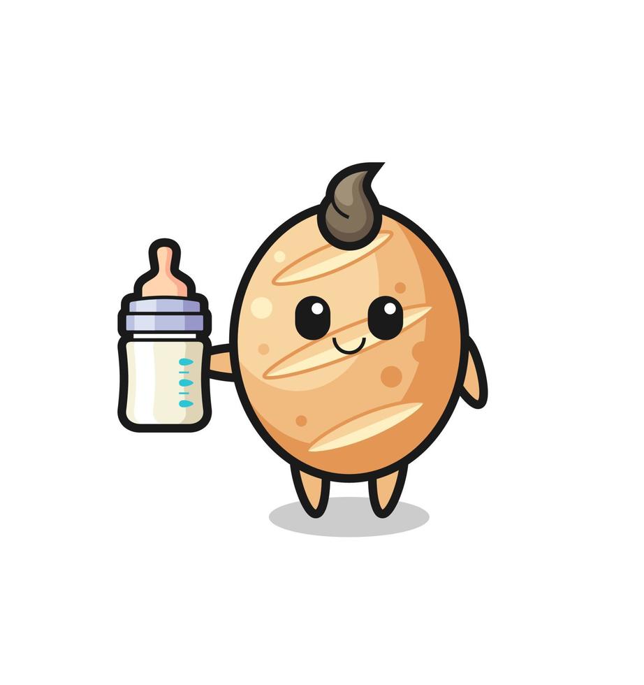 personaje de dibujos animados de pan francés bebé con botella de leche vector