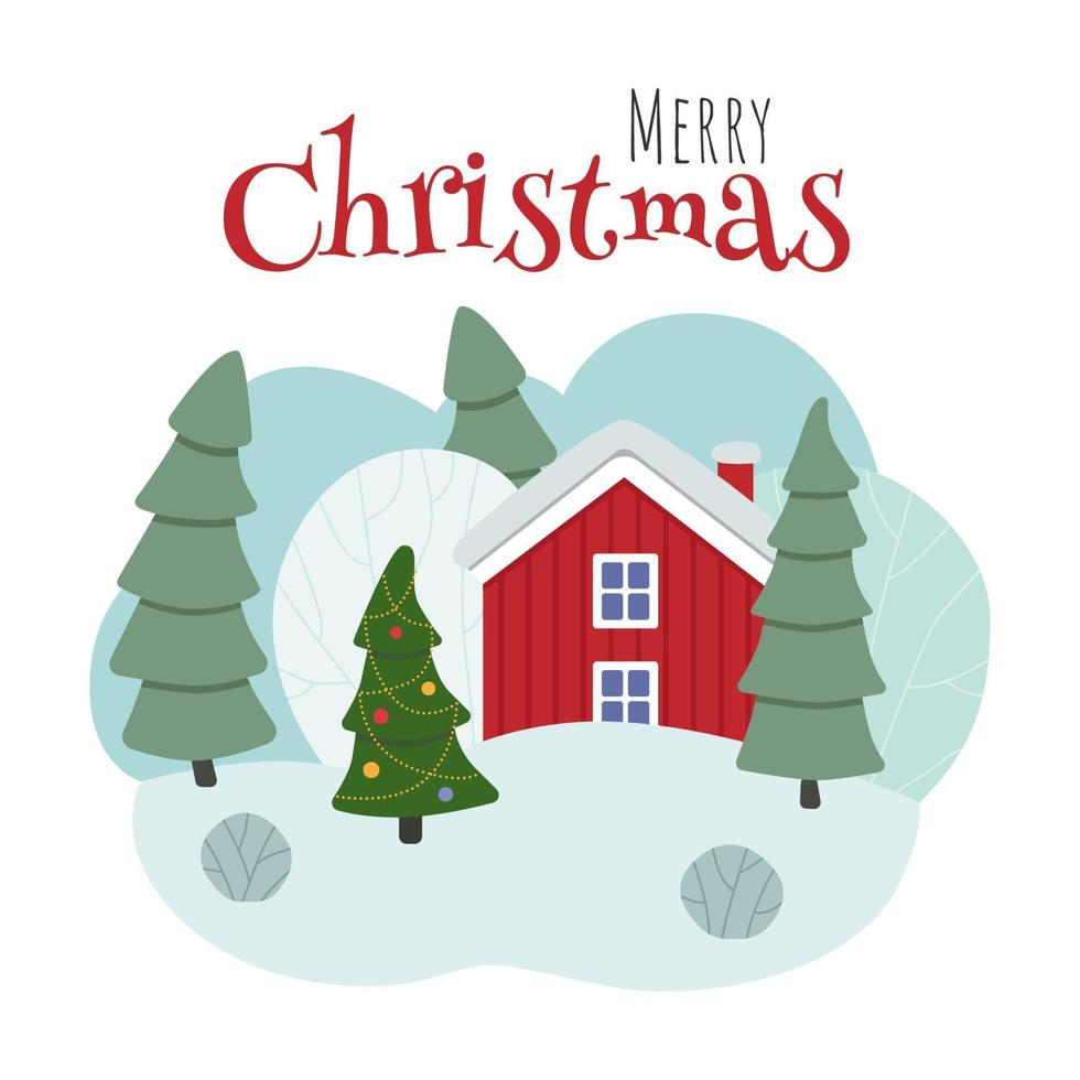 Winter scene with a red house, trees and a Christmas tree. Merry Christmas. vector