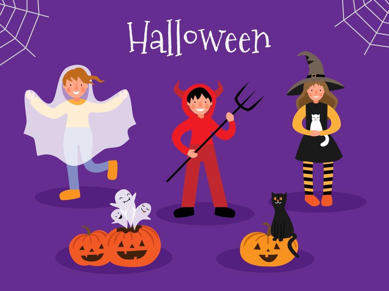 conjunto de niños disfrazados de halloween. calabazas de halloween, fantasmas y un gato. vector