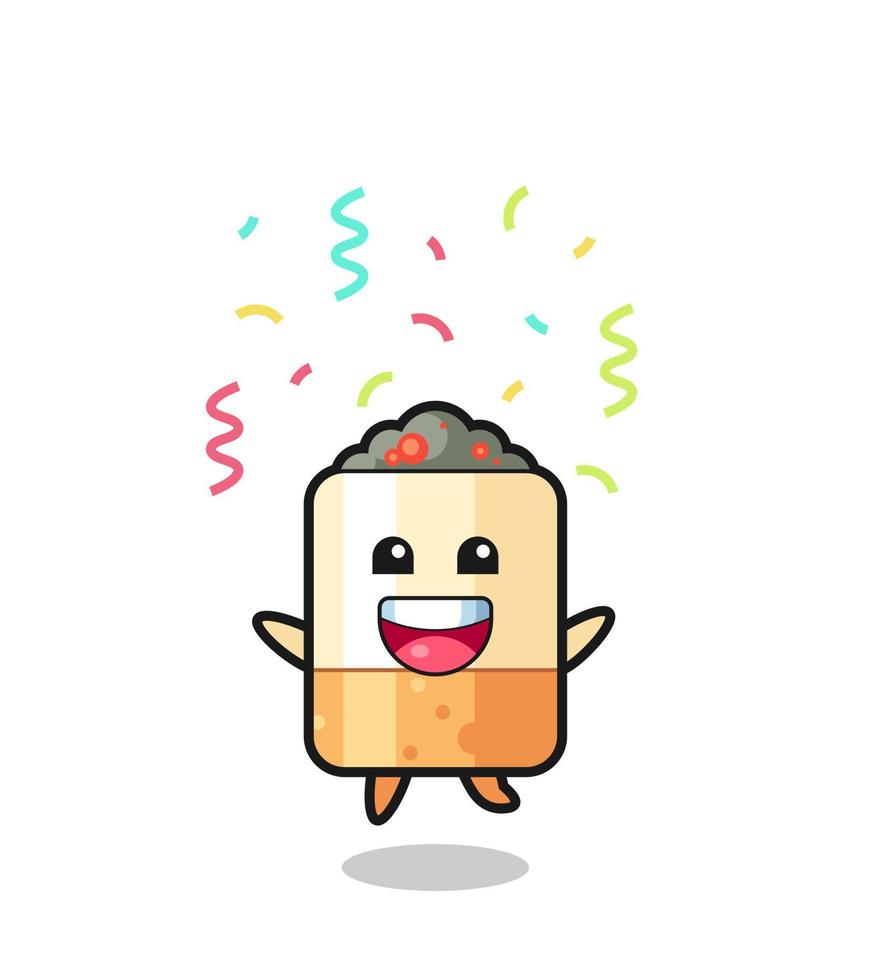 Feliz mascota de cigarrillos saltando de felicitación con confeti de colores vector