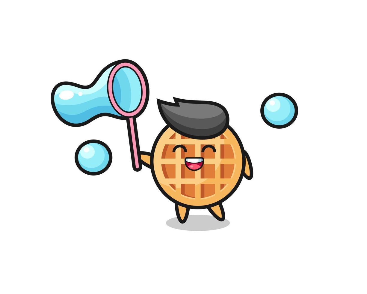 happy circle waffle cartoon playing soap bubble vector