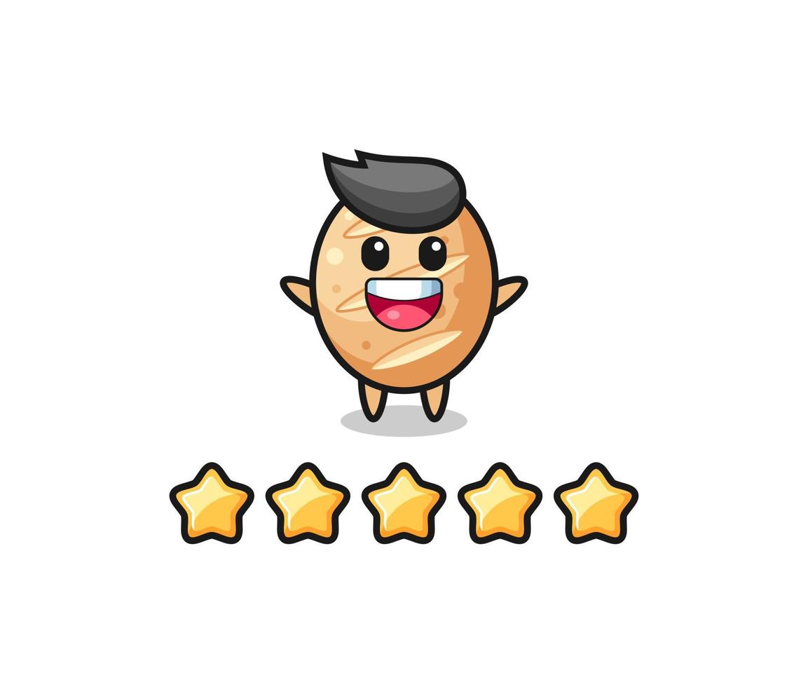 Mejor calificación del cliente, lindo personaje de pan francés con 5 estrellas. vector