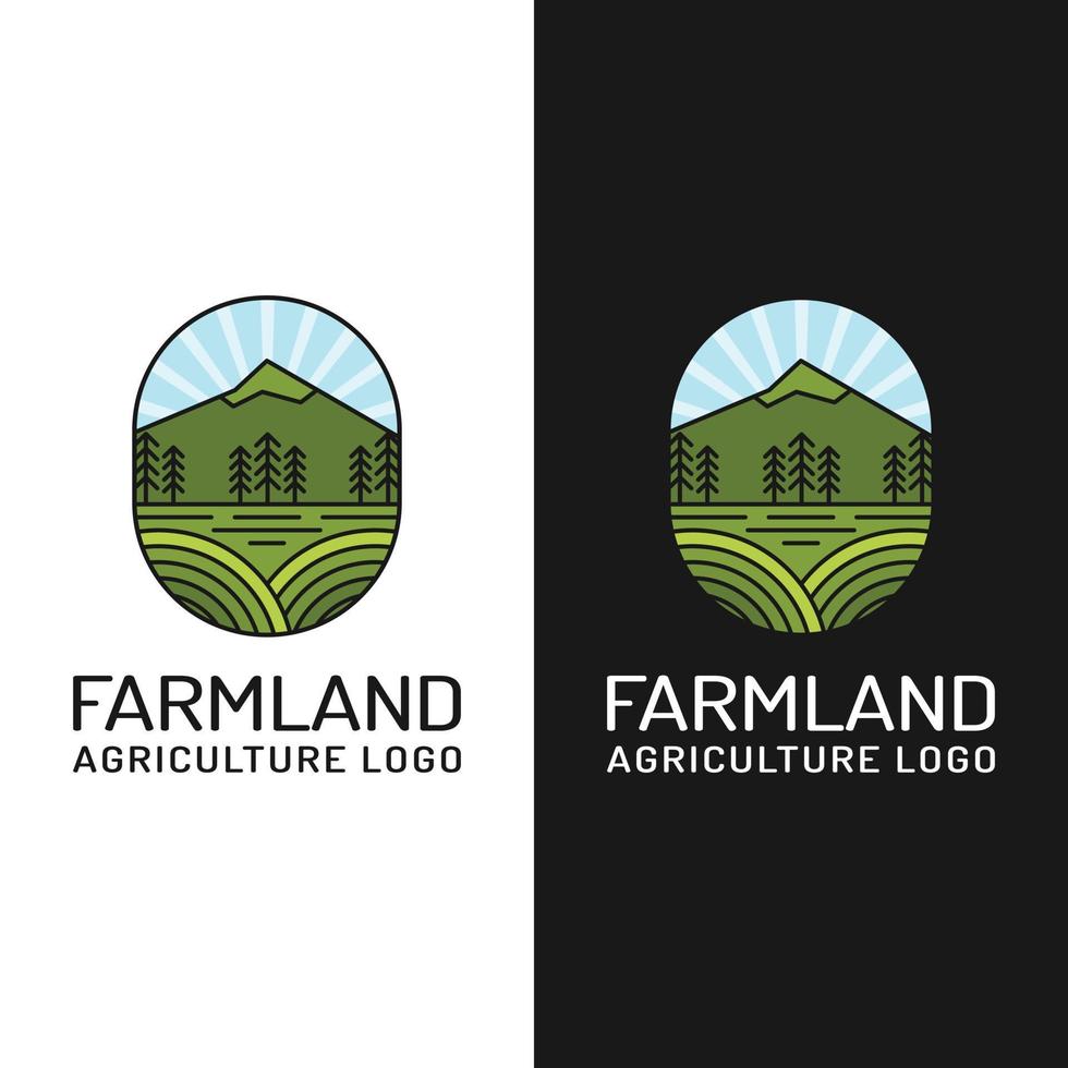 campo agrícola con montaña en la plantilla de diseño de logotipo de estilo de línea de color vector