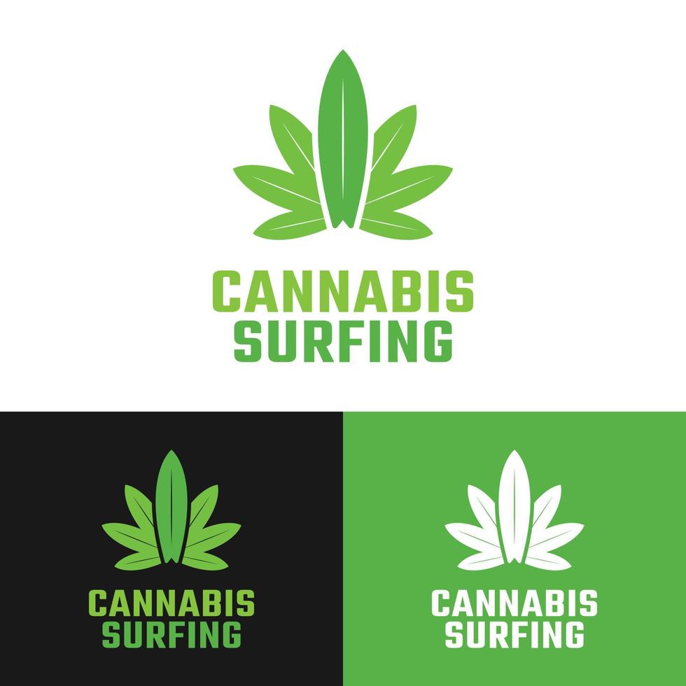 hojas de cannabis con plantilla de diseño de logotipo de tabla de surf vector