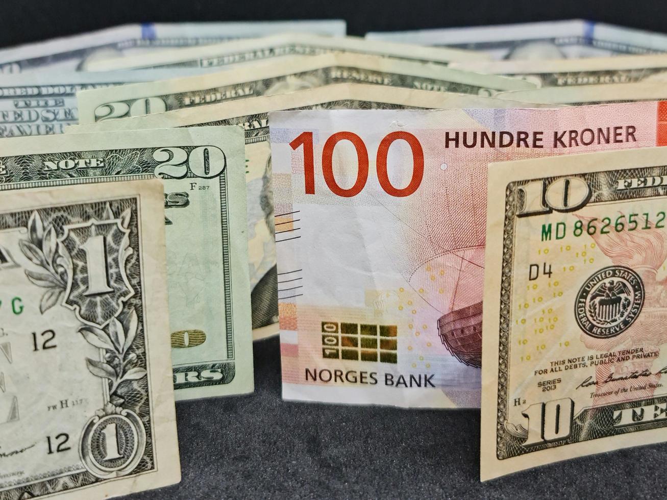 Value in the exchange rate between norwegian and american money photo