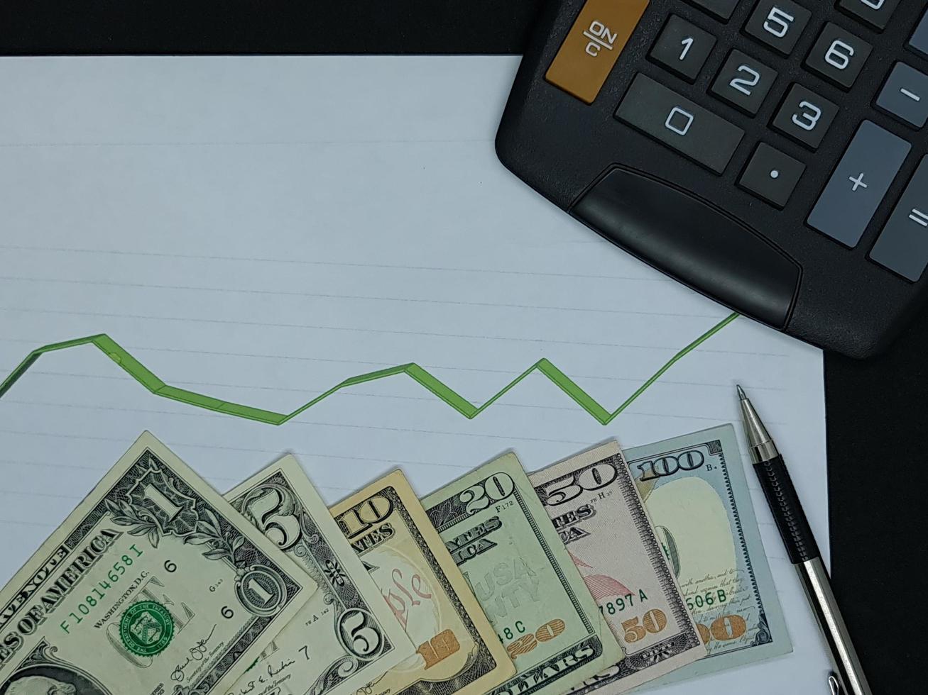 American dollars banknotes, pen and calculator on background with rising trend green line, view from above photo