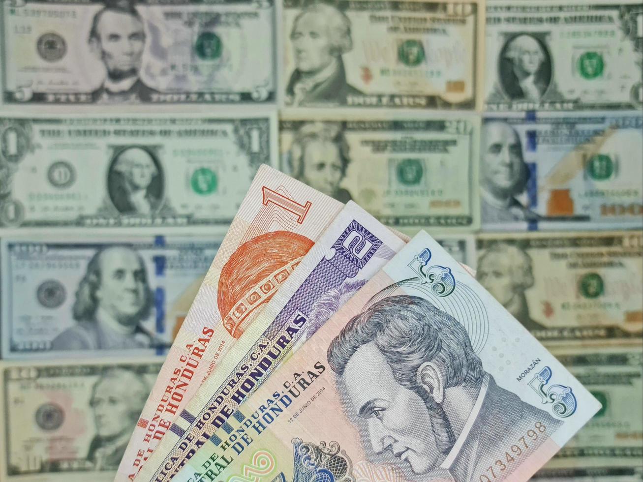 Approach to honduran banknotes and background with american dollar bills photo