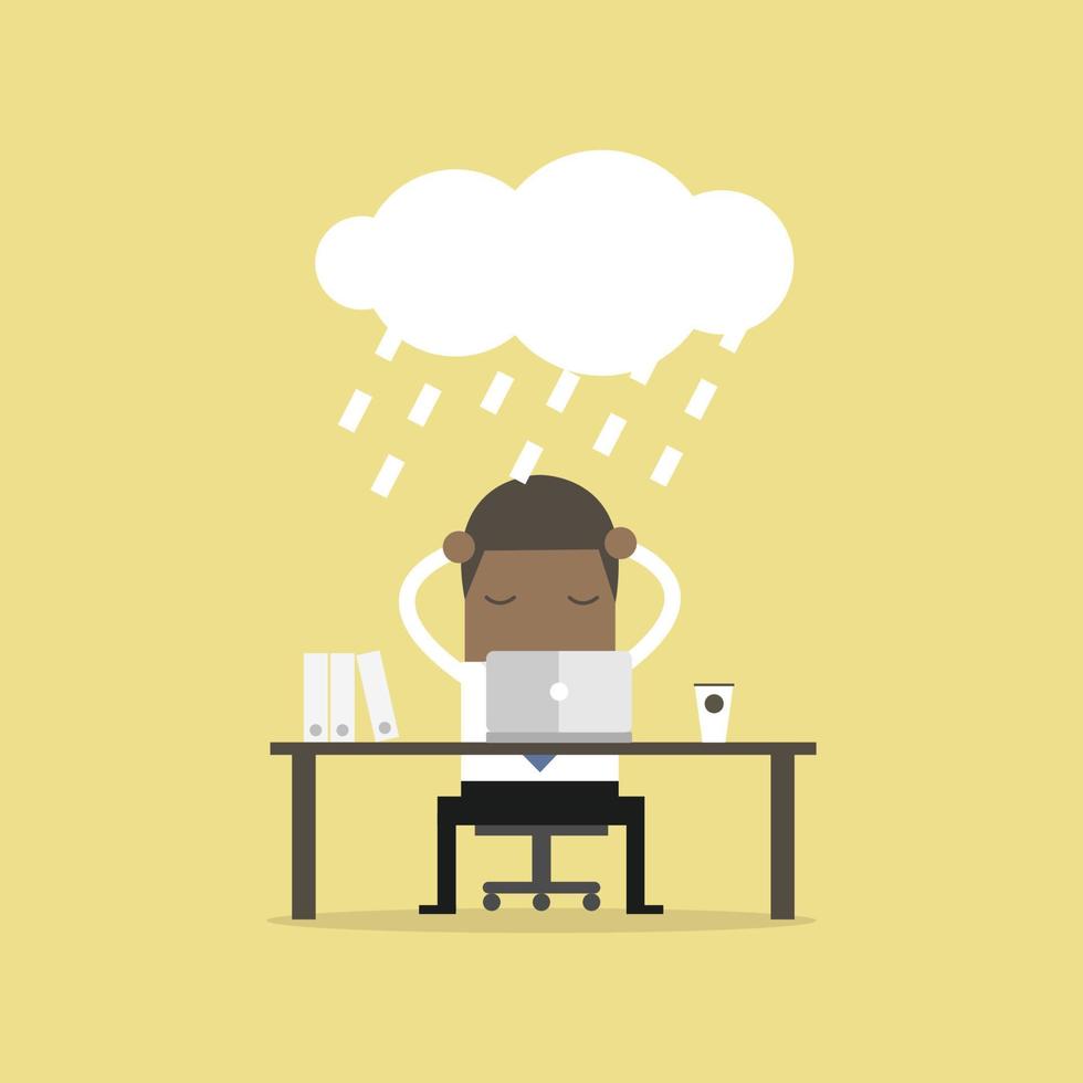 The stressed-out businessman sat with a mist of rain on his head. vector