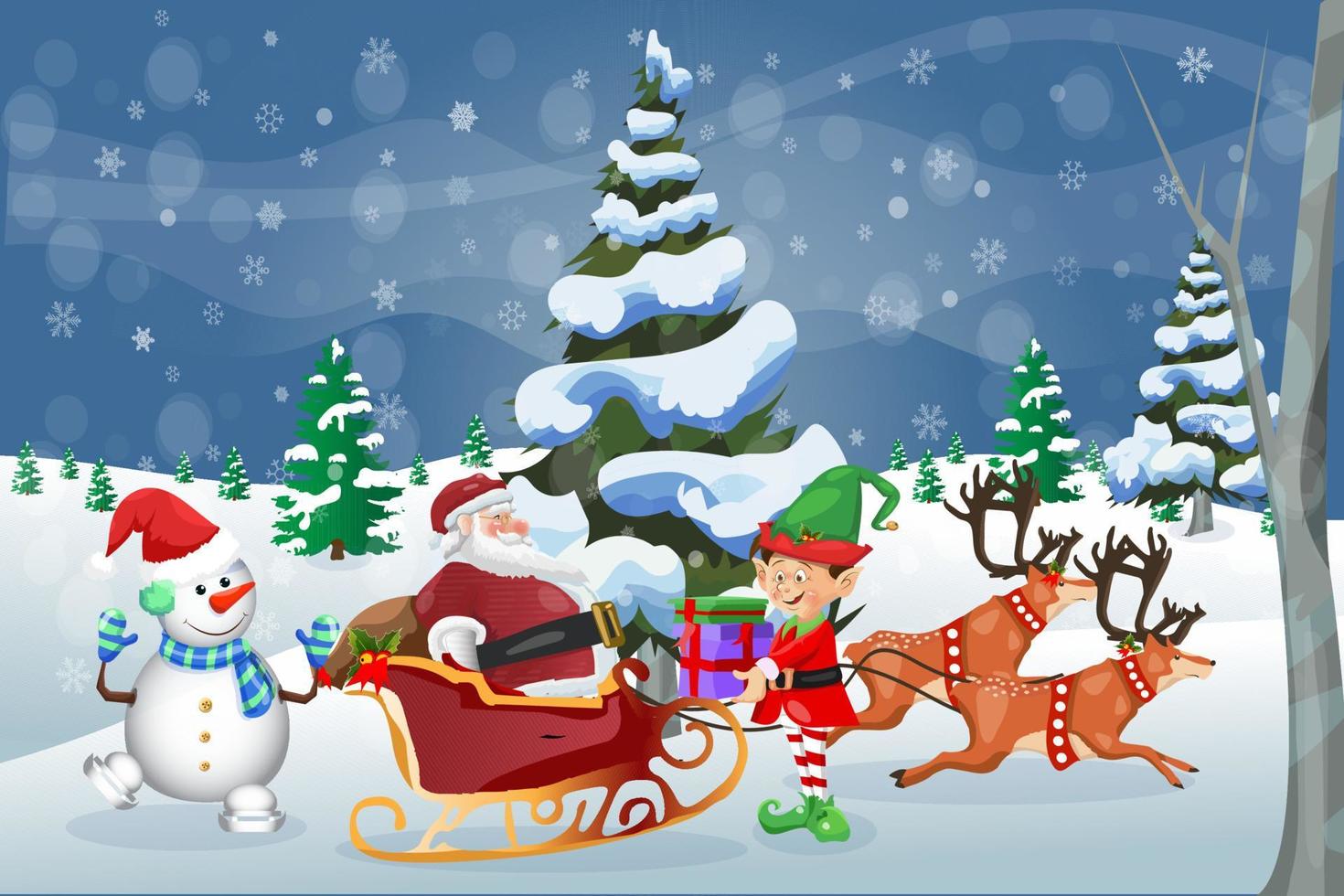 Merry Christmas winter greeting card Sant Claus with snowman and elf vector