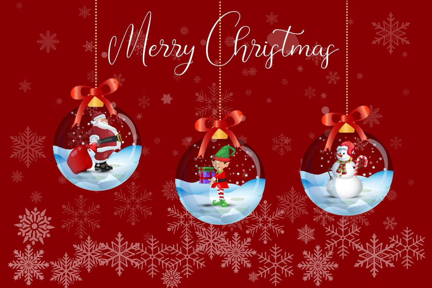 Merry Christmas winter greeting card Santa Claus with elf and snowman vector